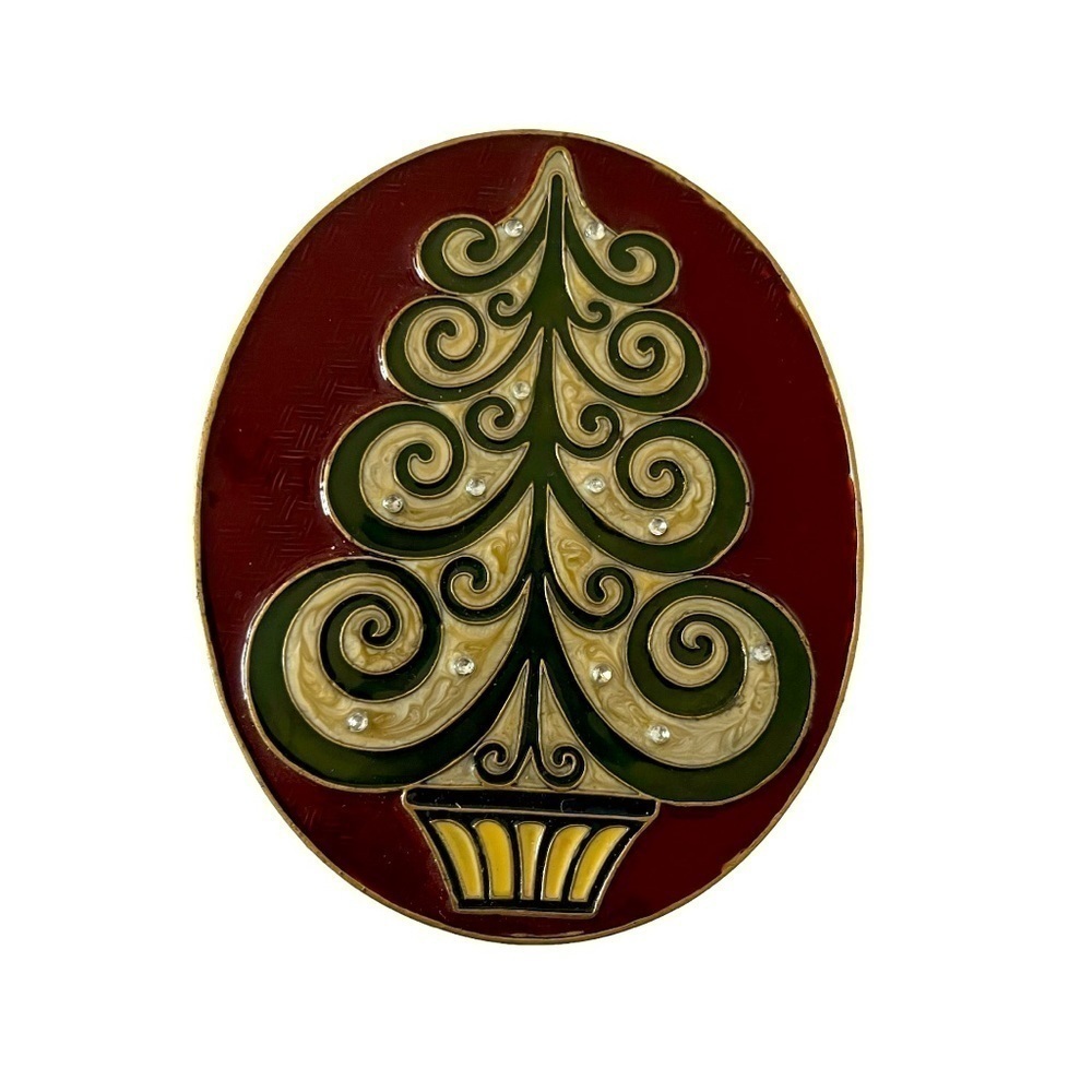 Vintage Holiday Enamel Trinket Box with Christmas Tree Design
